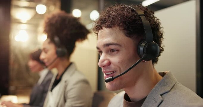 Call center, team and business man on computer in dark office for insurance claim, help or contact. Coworking, night and worker with headset for customer service, financial advice or online support - Powered by Adobe