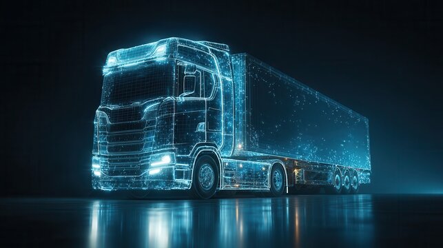 Futuristic illuminated semi truck made of glowing blue digital data on a dark background