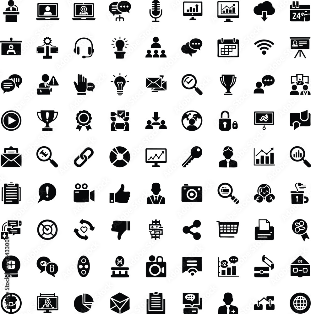 Poster collection of various business and technology icons in a grid layout
