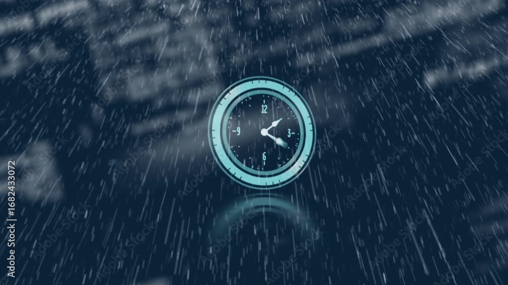 Aufkleber animation of clock moving over data processing on blue background