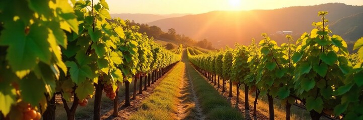 Fototapeta premium Rows of lush grapevines stretch across a sun-drenched hillside, heavy with ripening fruit, promising a bountiful harvest The picturesque vineyard is bathed in warm, golden light , scenic, farming