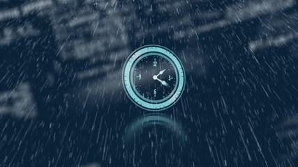 Animation of clock moving over data processing on blue background - Powered by Adobe