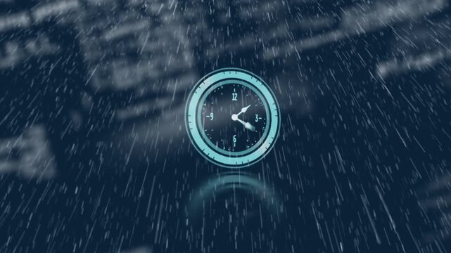 Animation of clock moving over data processing on blue background - Powered by Adobe