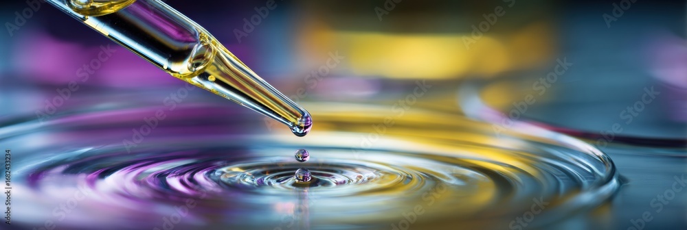 Poster close-up of a dropper releasing liquid over rippling water during scientific experimentation in a la