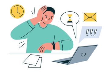 Flat cartoon vector illustration of office worker with deadline anxiety. Man at laptop stressed by urgent project, holding head. Concept of time pressure, workplace stress, business task, burnout