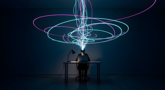 Man working on laptop with abstract glowing light beams emanating from his head, representing creativity and innovation