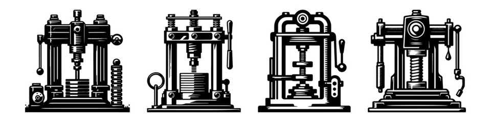 Naklejka premium Modern Minimalist Hydraulic Press Icon, Flat Silhouette of an Industrial Machine Vector for Manufacturing Illustration Design