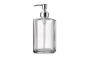Clear glass soap dispenser with chrome pump mechanism and rectangular bottle design, isolated on a transparent background