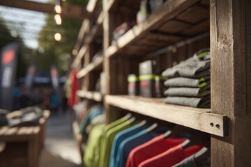 Naklejka premium Colorful Apparel Display in Outdoor Market with Wooden Shelves