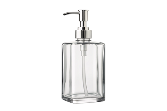 Square glass hand soap dispenser with silver chrome pump and modern minimalist bathroom design, isolated on a transparent background