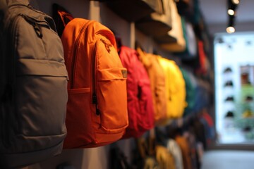 Colorful Backpacks Displayed on Wall in Retail Store Setting