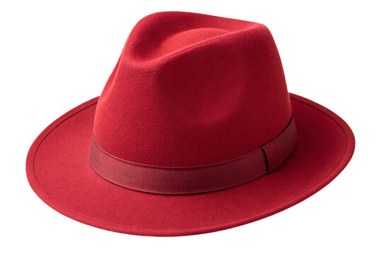 Burgundy wool fedora hat with textured ribbon hatband and traditional wide brim silhouette design, isolated on a transparent background