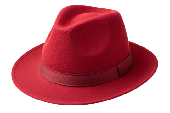 Burgundy wool fedora hat with textured ribbon hatband and traditional wide brim silhouette design, isolated on a transparent background - Powered by Adobe