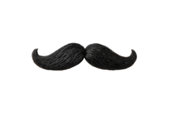 A black handlebar mustache against a plain black background