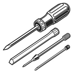 Black and white drawing of a screwdriver set with interchangeable bits
