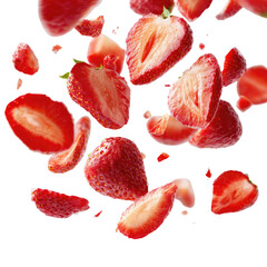 Sliced strawberries in mid-air, vibrant red, against black