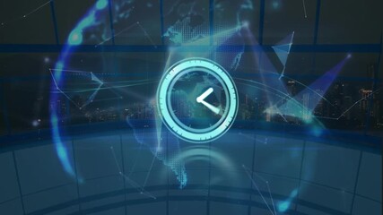 Animation of clock moving over globe and network of connections - Powered by Adobe