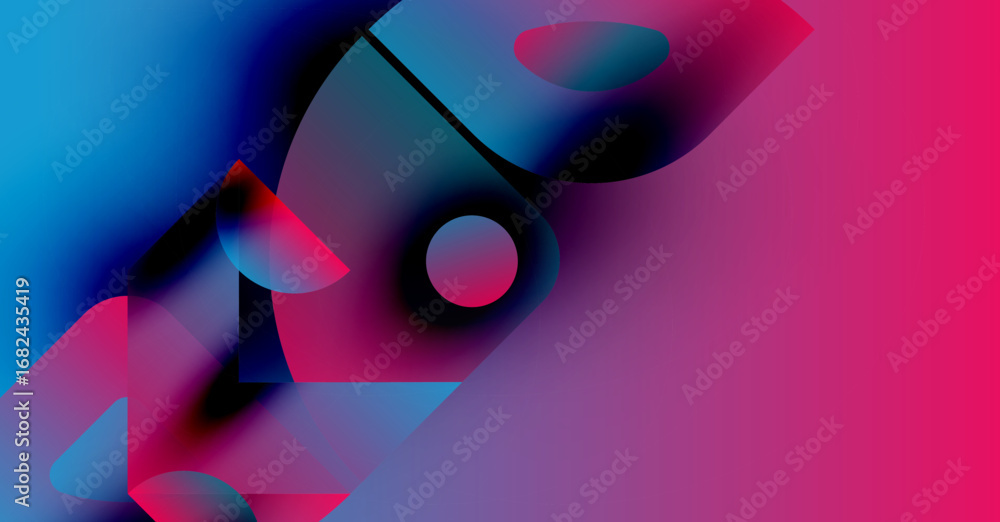 Poster abstract gradients blend, creating dynamic shapes. vivid blues transition into vibrant pinks, formin