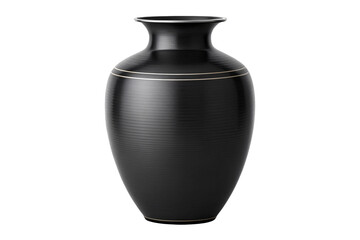 Fototapeta premium Dark gray ceramic vase with gold accent bands and traditional rounded form for interior design, isolated on a transparent background