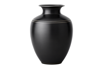 Dark gray ceramic vase with gold accent bands and traditional rounded form for interior design, isolated on a transparent background