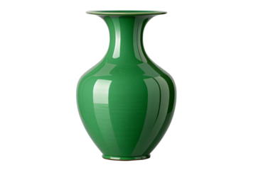 Emerald green ceramic vase with ribbed texture and traditional amphora shape for decorative purposes, isolated on a transparent background