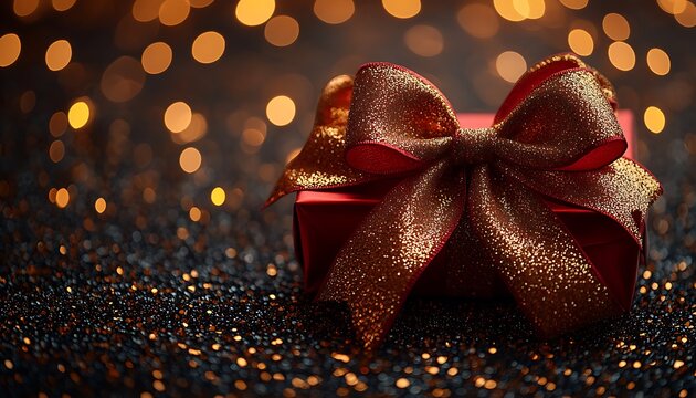Red gift box with sparkling gold ribbon against bokeh lights background present