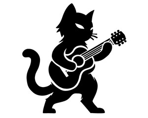 Silhouette of a cat playing guitar, cartoon, vector illustration
