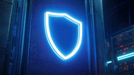 Glowing blue neon shield symbol on a dark futuristic background