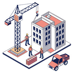 Crane building workers truck bricks construction
