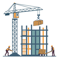 Crane lifting building materials with workers construction