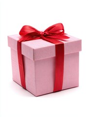 Obraz premium Pink Gift Box with Red Ribbon and Bow on White Background