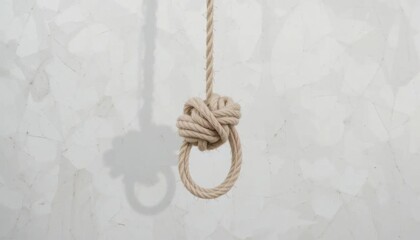 Hanging rope noose symbolizing danger threat and punishment in a dark moody background with textured wall for dramatic visual impact