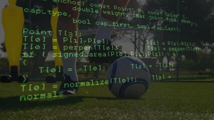 Data processing against low section of male soccer player with soccer ball on sports field - Powered by Adobe