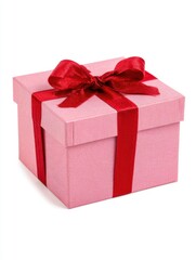 Obraz premium Pink Gift Box with Red Ribbon on White Background