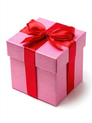 Obraz premium Pink Gift Box with Red Ribbon on White Background
