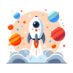 A cute minimalist flat design of a rocket entering planetary orbit with colorful planets in the background, isolated on a white background.