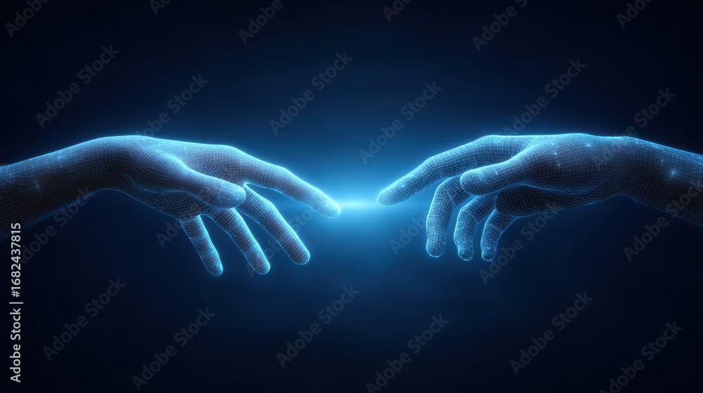 Poster digital representation of two hands reaching out with sparks of light symbolizing connection and cre