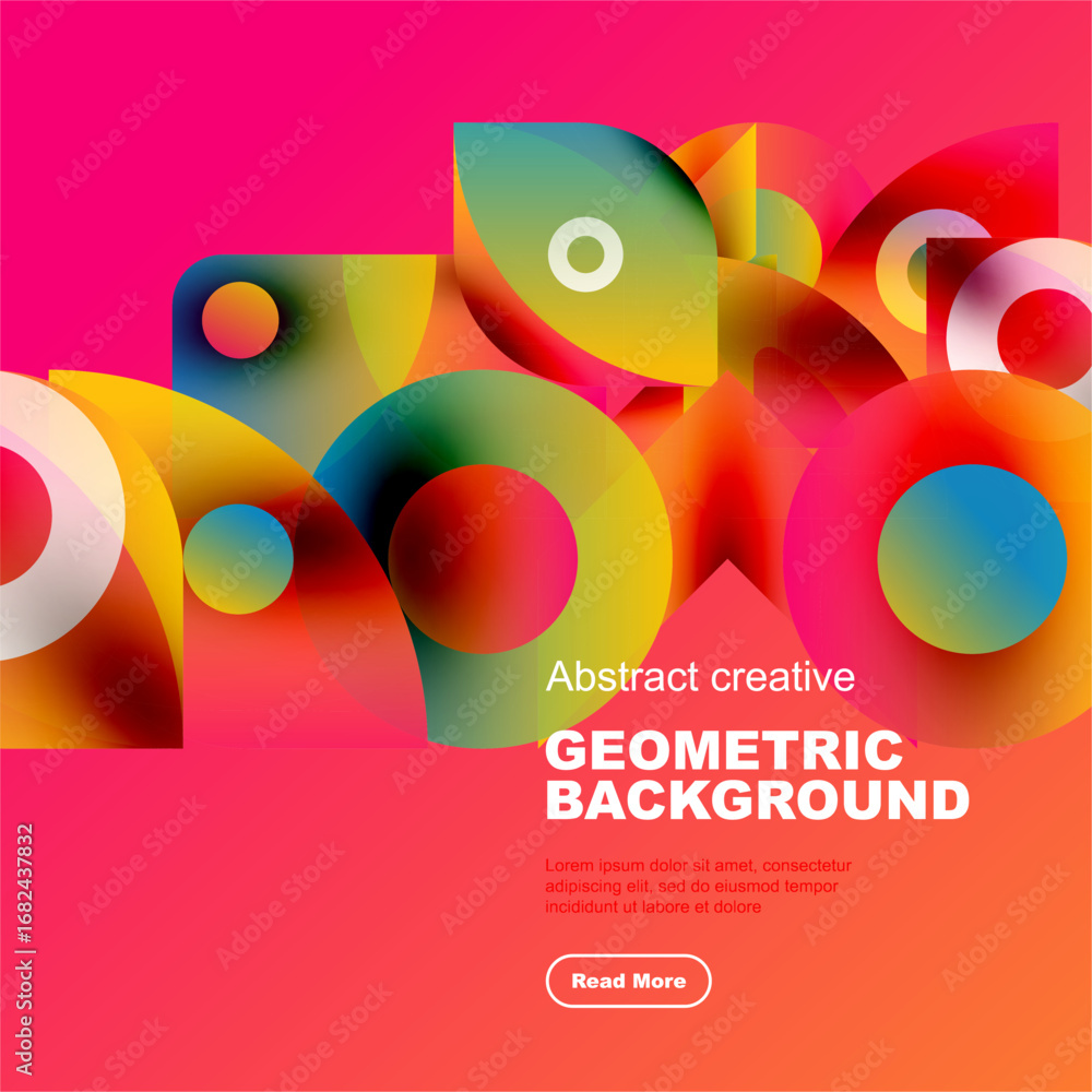 Poster vibrant geometric shapes overlap, creating dynamic colorful background. modern design features gradi