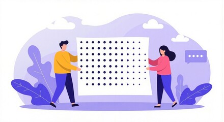 Obraz premium Collaborative Teamwork Two People Jointly Present a Dotted Pattern, Symbolizing Shared Vision, Strategic Planning, and Project Collaboration