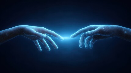 Fototapeta premium Digital Representation of Two Hands Reaching Out with Sparks of Light Symbolizing Connection and Creation in a Futuristic Style