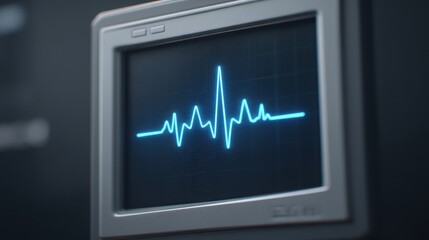 Close-Up of Vintage Monitor Displaying Heartbeat Waveform with Blue Neon Visualization, Signifying Health and Vital Signs in Medical Technology Context