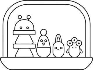 Illustration of a shelf with cute alien and animal toys, perfect for childrens designs and playful projects