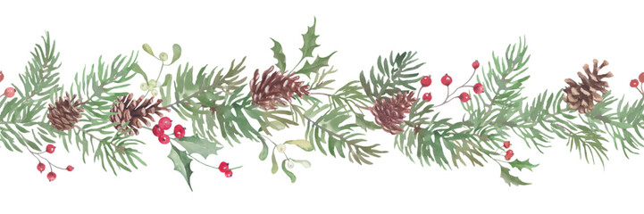 Christmas watercolor horizontal seamless pattern with holly berries, pine cones, mistletoe. Hand drawn illustration. Vector EPS.
