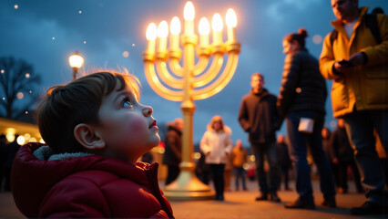 Naklejka premium A Child's Wonder at the Hanukkah Lights