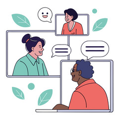 Diverse people in virtual meeting with chat bubbles