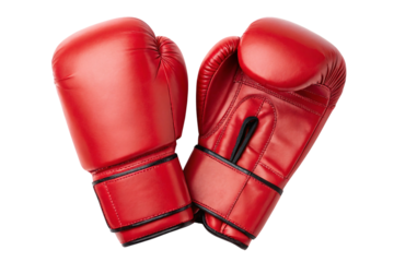 Bright red boxing gloves with secure wrist closure and professional stitching for combat sports, isolated on a transparent background
