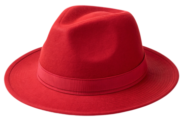 Vibrant red felt fedora hat with grosgrain ribbon and classic menswear-inspired silhouette style, isolated on a transparent background