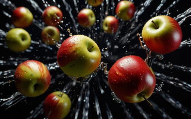 Fresh Red Apple with Green Leaves Getting Washed by Clean Water