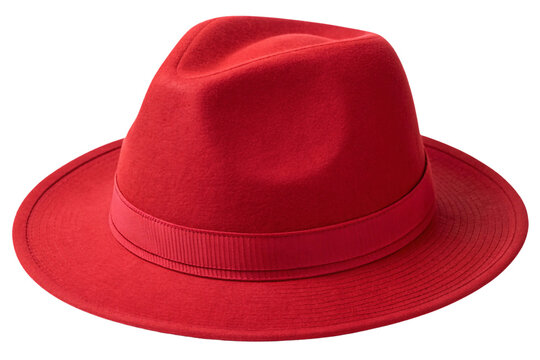 Vibrant red felt fedora hat with grosgrain ribbon and classic menswear-inspired silhouette style, isolated on a transparent background