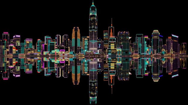 City of Macau China, symmetrical composition, minimalist shape, Cyberpunk, Vivid colors, Bioluminescene, x-ray, Pure Black background,